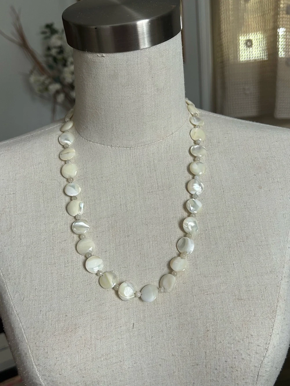 Vintage Mother-of-Pearl Disc & Moon Stone Space Beads Necklace